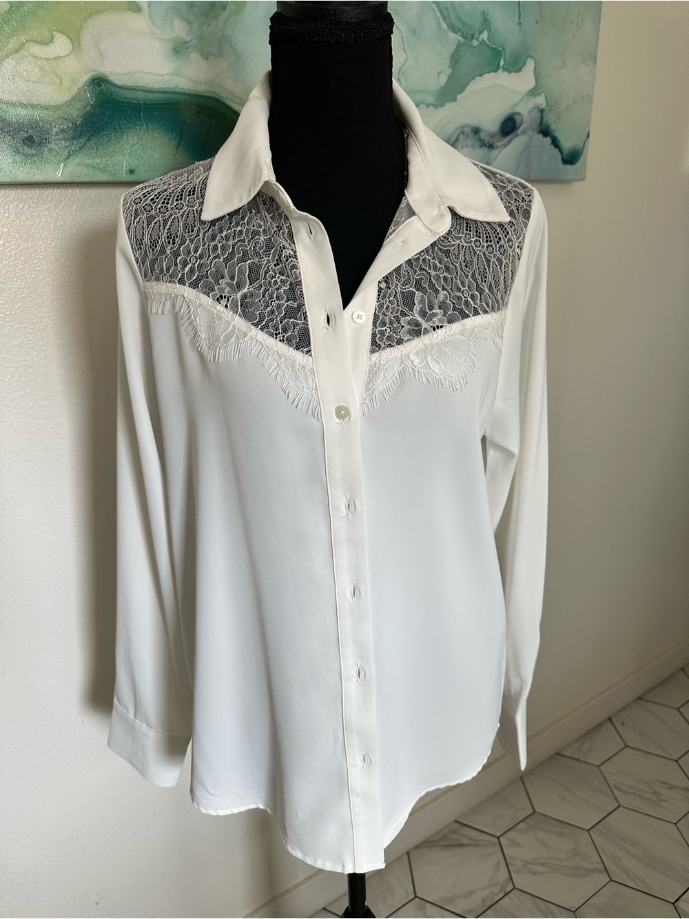 Rachel Zoe White Lace-Yoke Button-Down Blouse - Picture 1 of 6